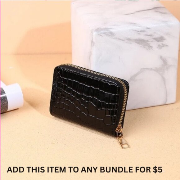 $5 ADD ON ITEM- Black Croc-Embossed Mini Zip Wallet Faux Leather Card Holder - Picture 1 of 10